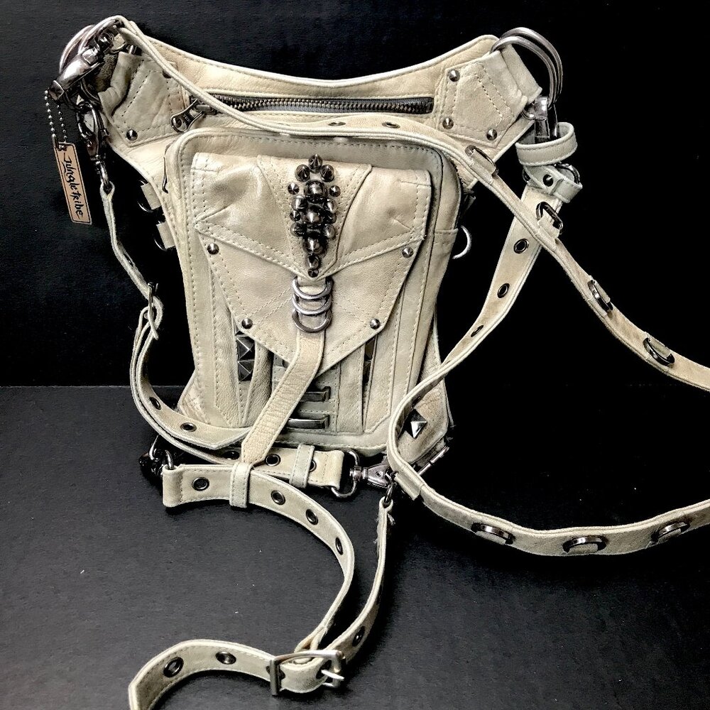 Jungle Tribe Belt Bag Gray Leather Studded Utility Crossbody Handbag Fanny Pack
